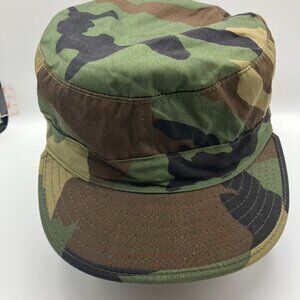 Military Issue Camo Field Cap with Ear Flaps Size 7 5/8 Vintage Woodland Pattern